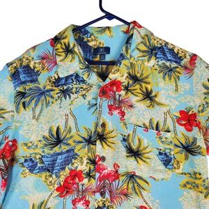 George Mens Flamingo Paradise Tropical Hawaiian Shirt Blue Rayon Large GM29Y065
